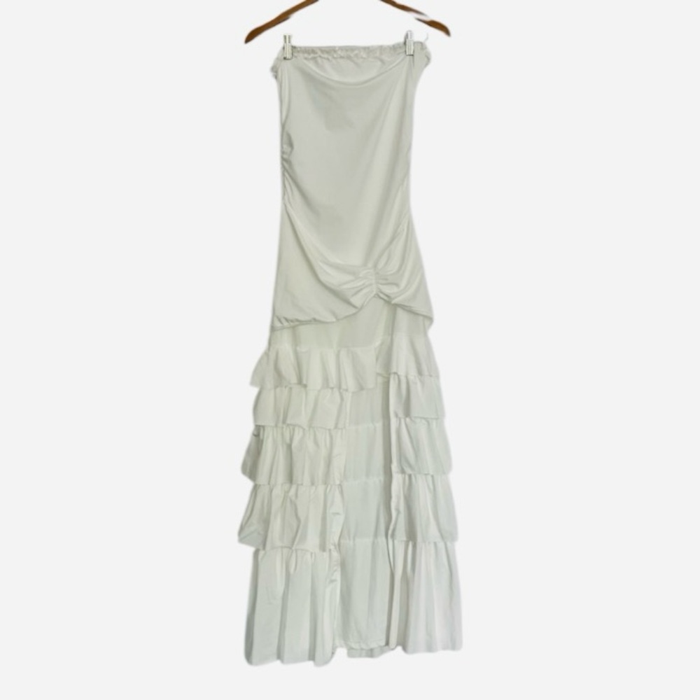 Sleeveless White Ruffled Maxi Dress Drop Waist & wide front slit, SZ M/L*